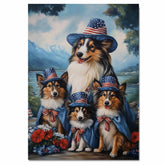 Mother Collie Dog and Three Puppies in Patriotic Hats and Capes by a Mountain Lake on Ready to Hang 1.5" Thick Canvas Wrap, Floating Framed Canvas, Flat Rolled Canvas